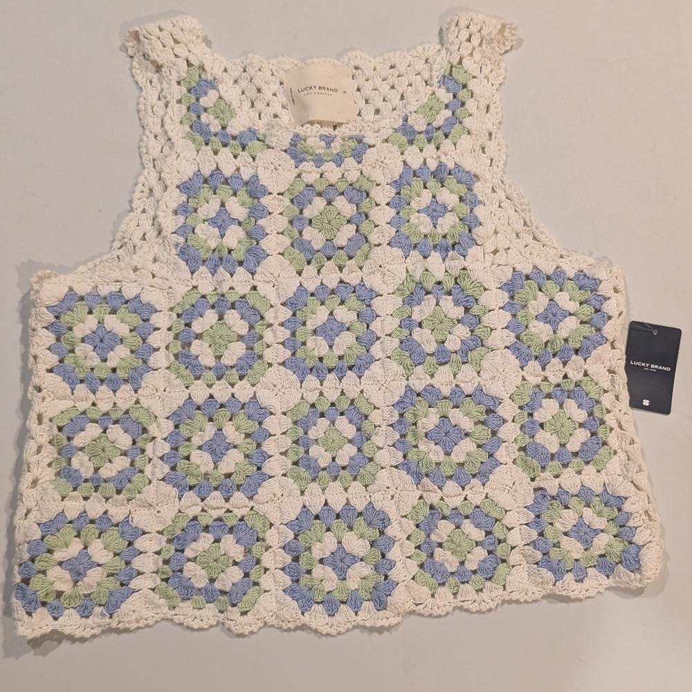 Lucky Brand Crochet Tank with Blue and Green Squares